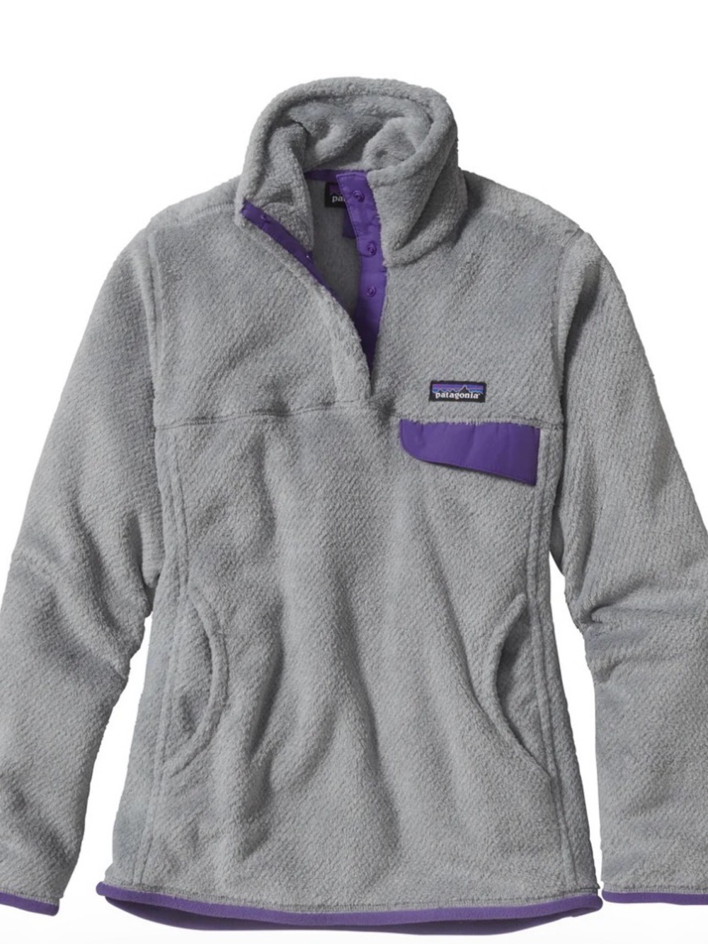 Patagonia Women’s Light Gray Teddy Fleece Pullover with Purple Accents